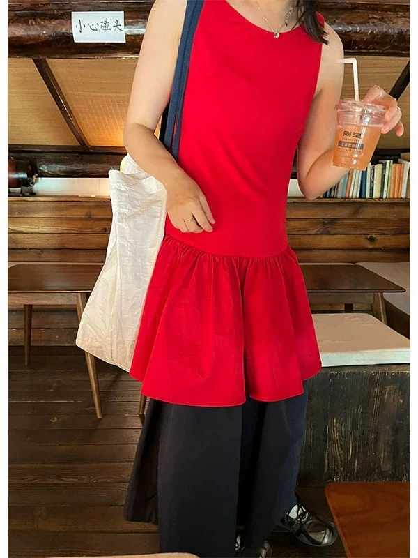小众表妹 红色T恤式连衣裙自带p帘裙叠穿很出彩高弹力