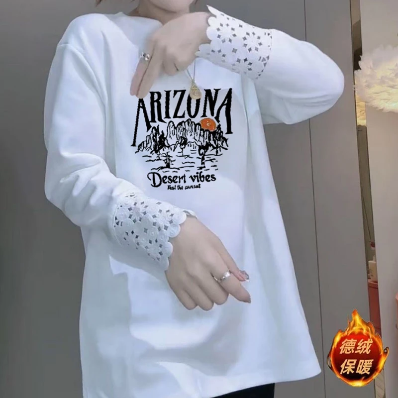 蕾丝拼接长袖t恤女秋冬2025新款大码设计感中长款打底衫上衣女ins