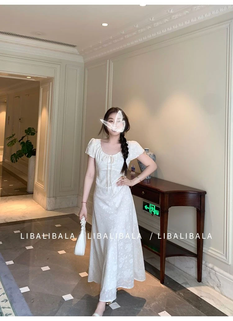 法式茶歇优雅提花短袖连衣裙子女收腰气质设计高级感温柔长裙夏季