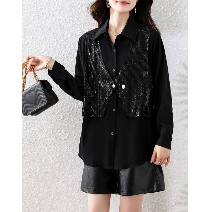 2025春夏新款大码女装衬衫洋气设计感拼接亮片时尚显瘦假两件衬衣