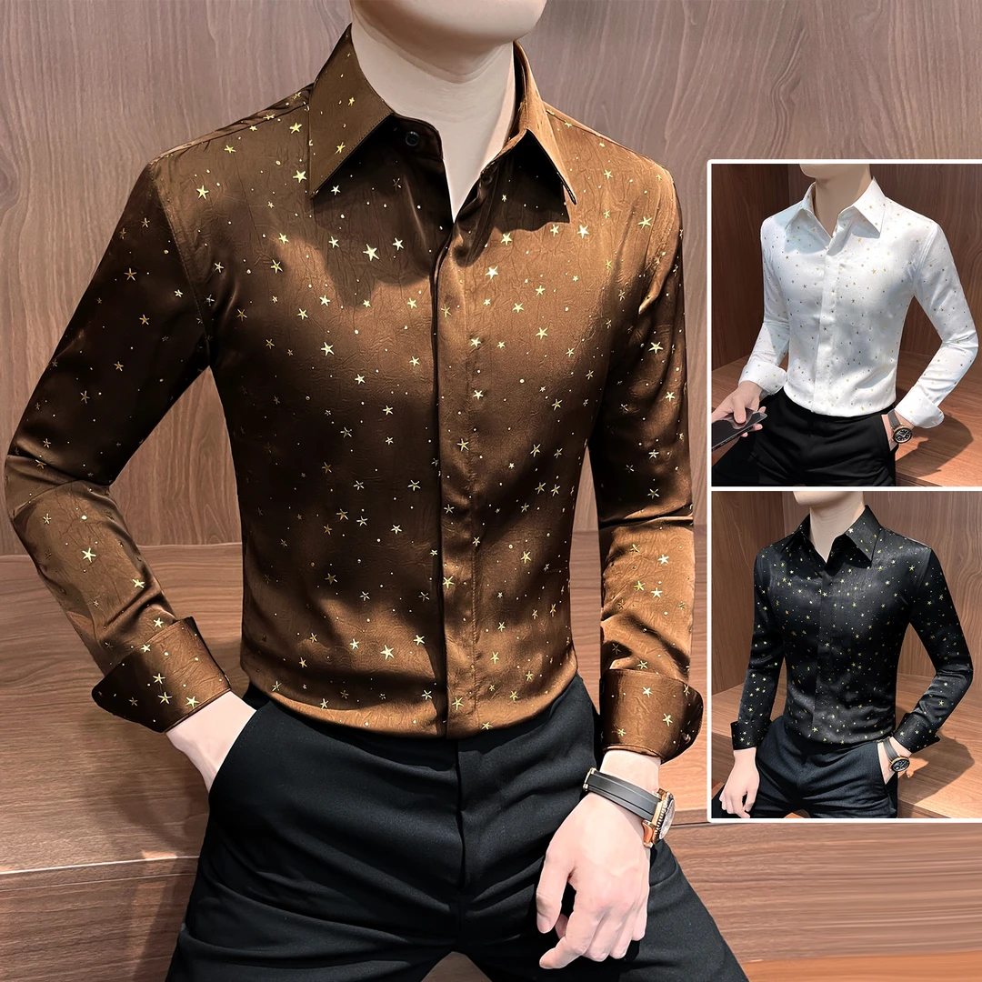 星星暗扣花衬衫男款长袖网红洋气炸街男装痞帅高级感大领男士衬衣