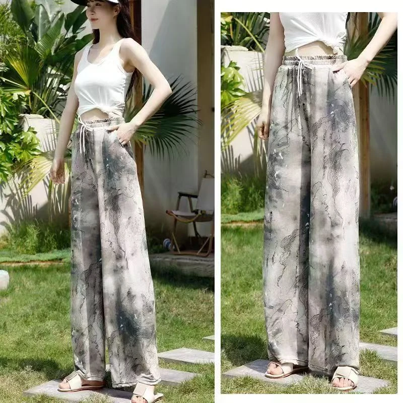 冰丝阔腿裤【口袋款】夏季薄款印花大码国风垂感休闲裤