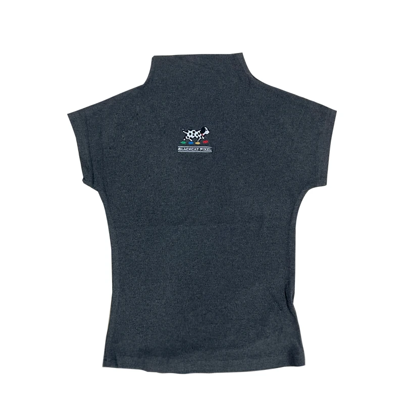 黑喵像素 夏季斑点狗冰丝针织短袖t恤背心女半高领宽松显瘦薄款