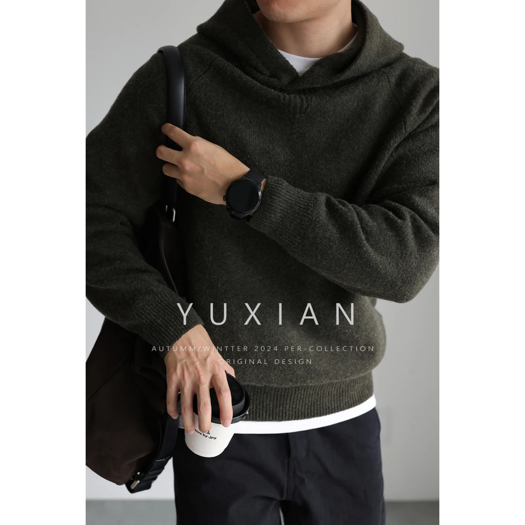 【重磅磨毛】保暖羊毛针织连帽卫衣男士保暖套头弹力毛衣加厚秋冬