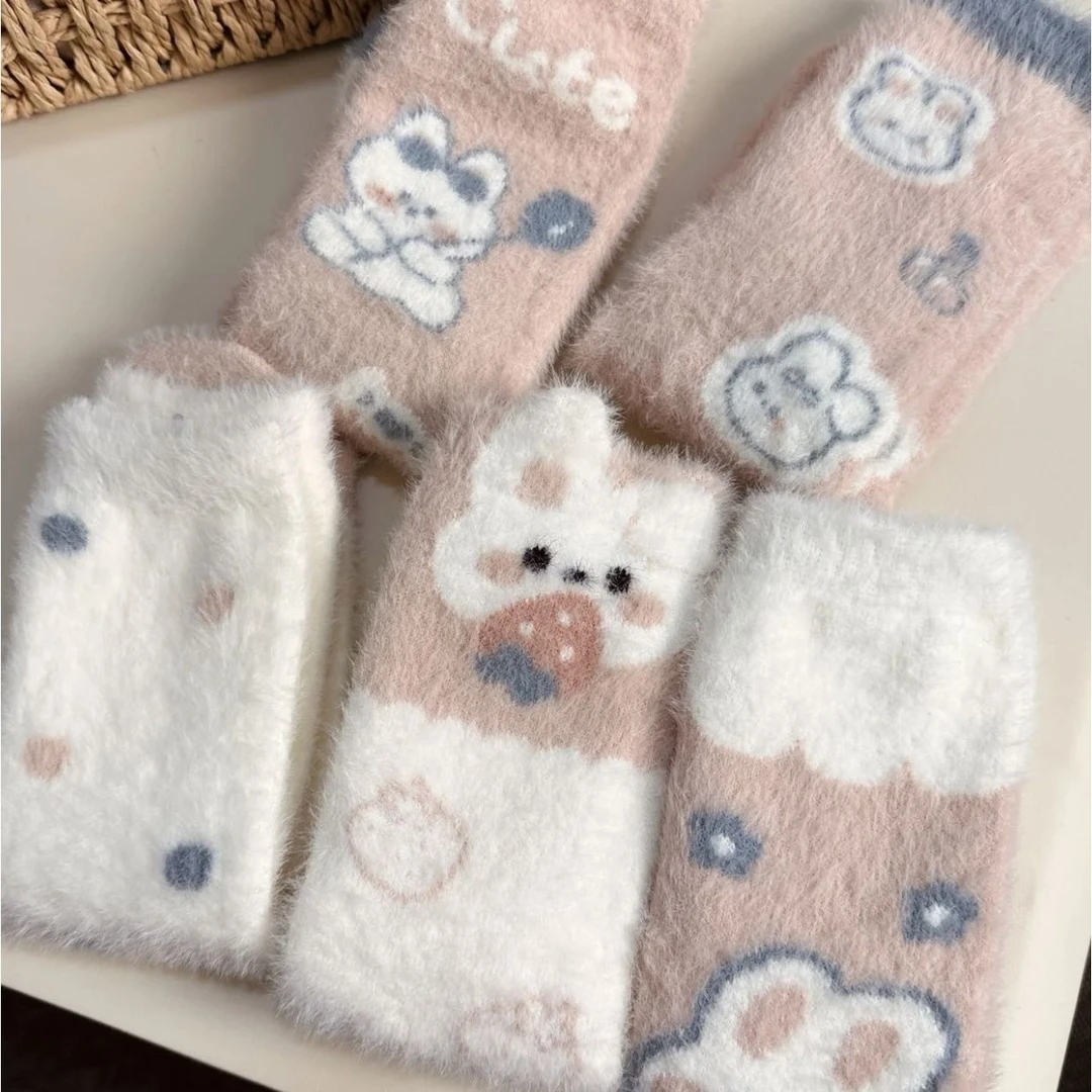 秋冬季可爱水毛绒袜子卡通小兔子厚实睡眠袜毛绒保暖居家地板袜Q