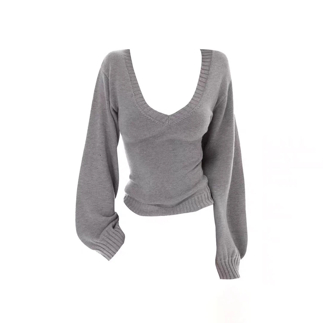 美式辣妹风V领灯笼袖针织衫女秋季灰色修身低胸性感毛衣上衣纯欲