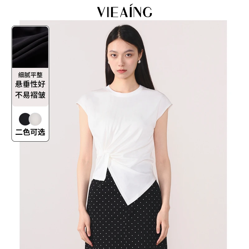 VIEA.ING薇迎夏季新款休闲百搭圆领扭结不规则衬衫103272420210