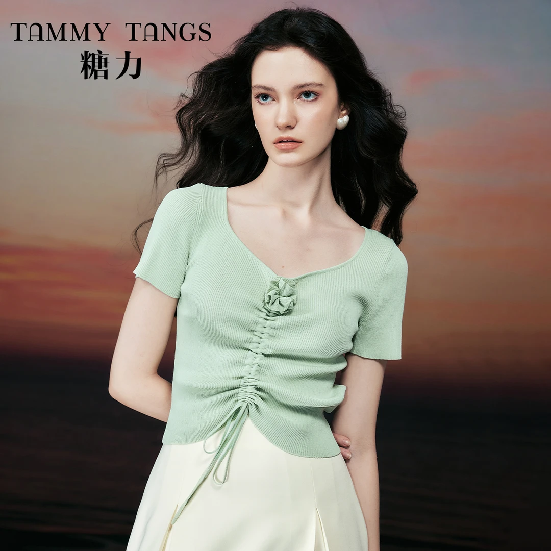 【老板娘夏天】 糖力 绿色短袖花朵抽绳曲珠纱针织衫上衣女