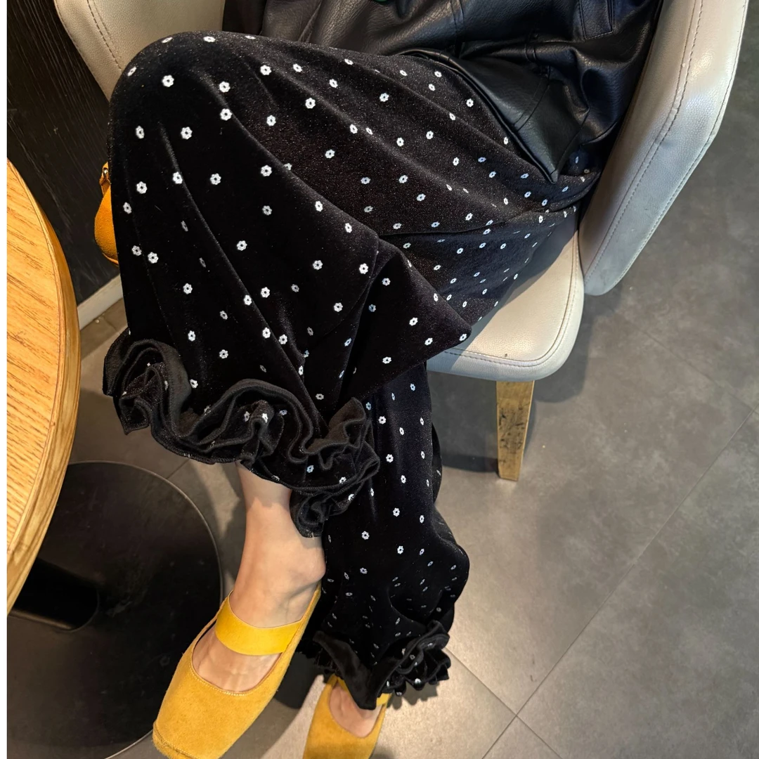 李豆儿 小众设计师 直筒阔腿加绒加厚丝绒垂感 花边裤子