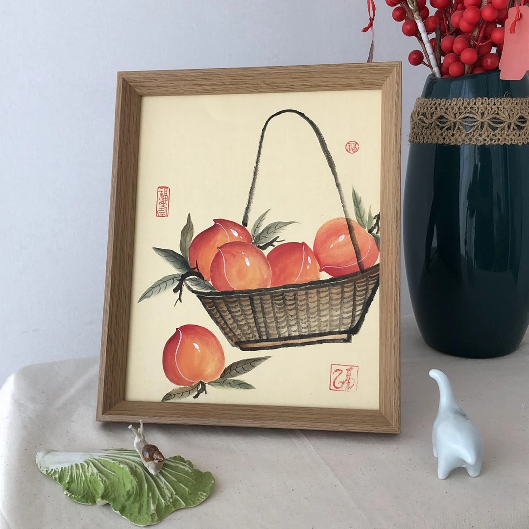 10寸寿桃 桃盈雅篮意悠然 水墨文创摆台 桌面装饰摆件 精品软装