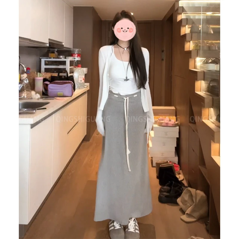 韩系甜美穿搭冰丝防晒开衫女辣妹显瘦背心吊带百搭高腰半身裙套装