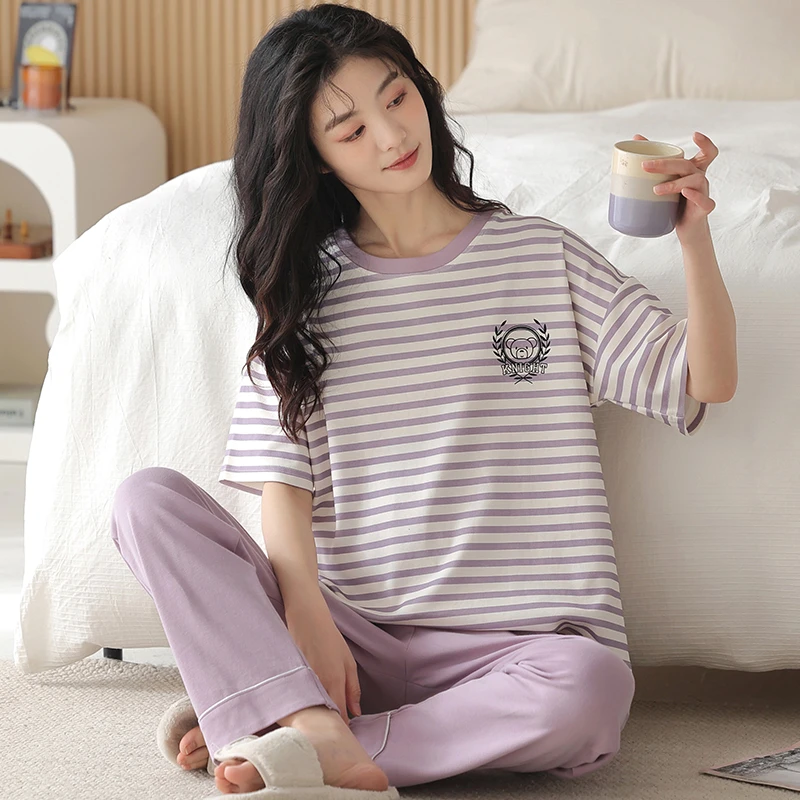 5XL可穿220斤特大码胖MM睡衣女士夏季纯棉薄款超大号短袖长裤套装