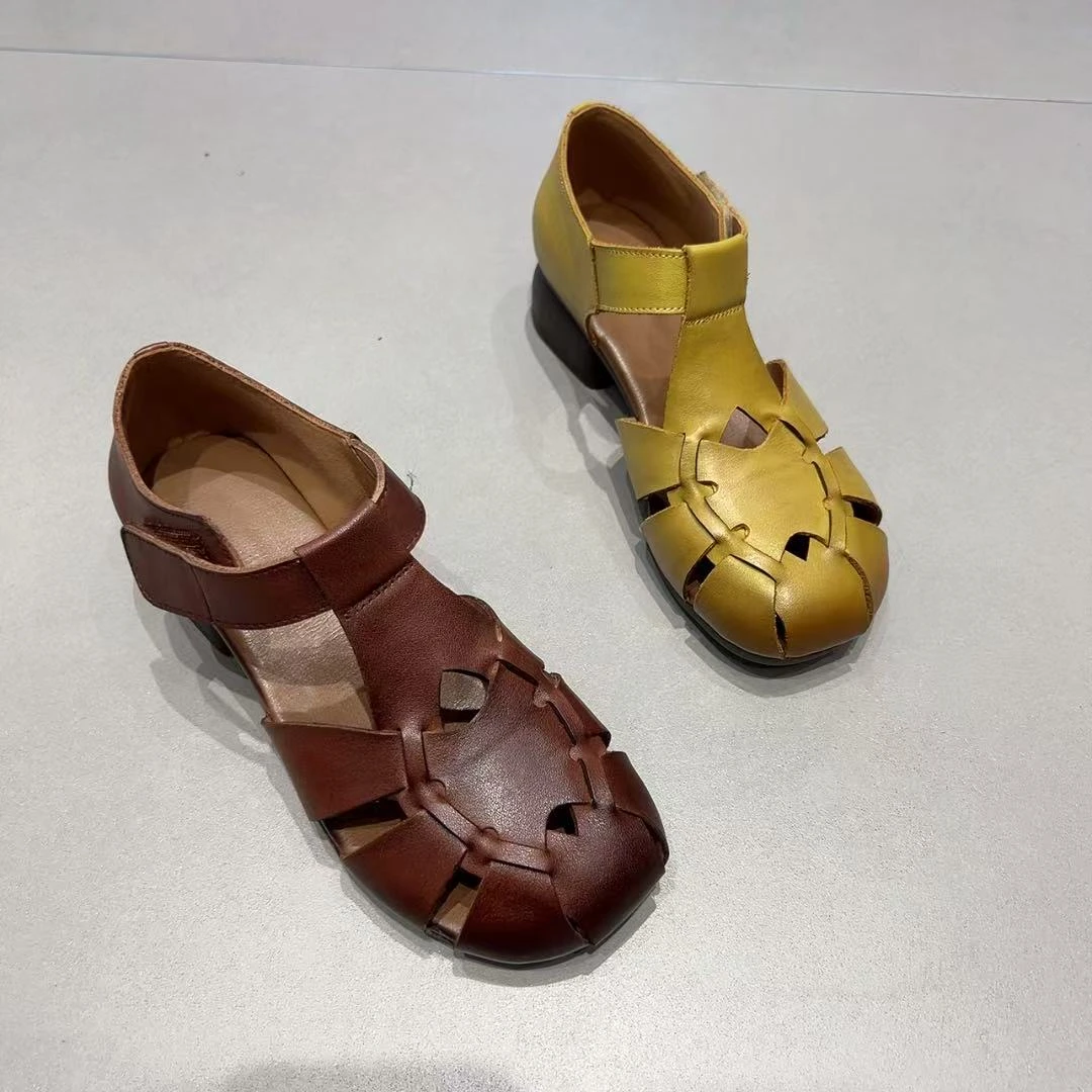 2025 真皮女鞋镂空透气超轻洞洞牛筋超软底复古手工真皮妈妈鞋