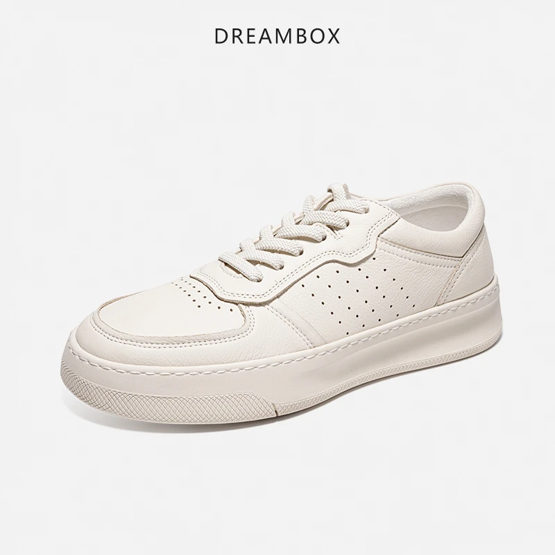 dreambox钧博软底软皮运动休闲板鞋秋季新款冲孔透气真皮小白鞋