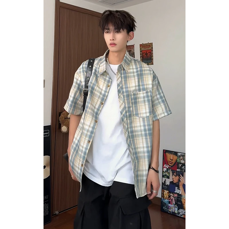 美式复古格子短袖衬衫男士夏季新款高级感宽松休闲百搭帅气上衣服