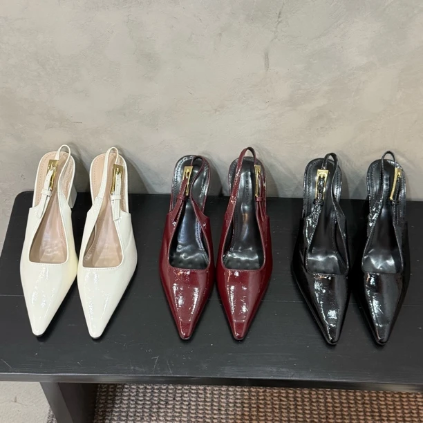 低帮高跟法式时装凉鞋粗跟中跟浅口尖头方头漆皮春季高跟鞋