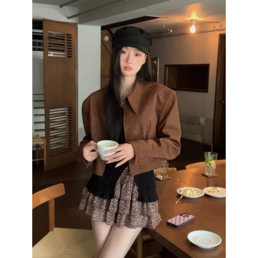 秋季独特设计感宽松短款拉链夹克上衣+甜辣风豹纹半裙C 9092#