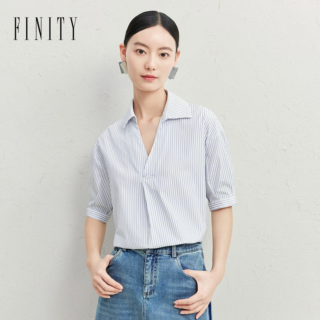 【粉丝专享】FINITY POLO领雪纺衫夏季新款简约气质条纹 F21Y3A18T2