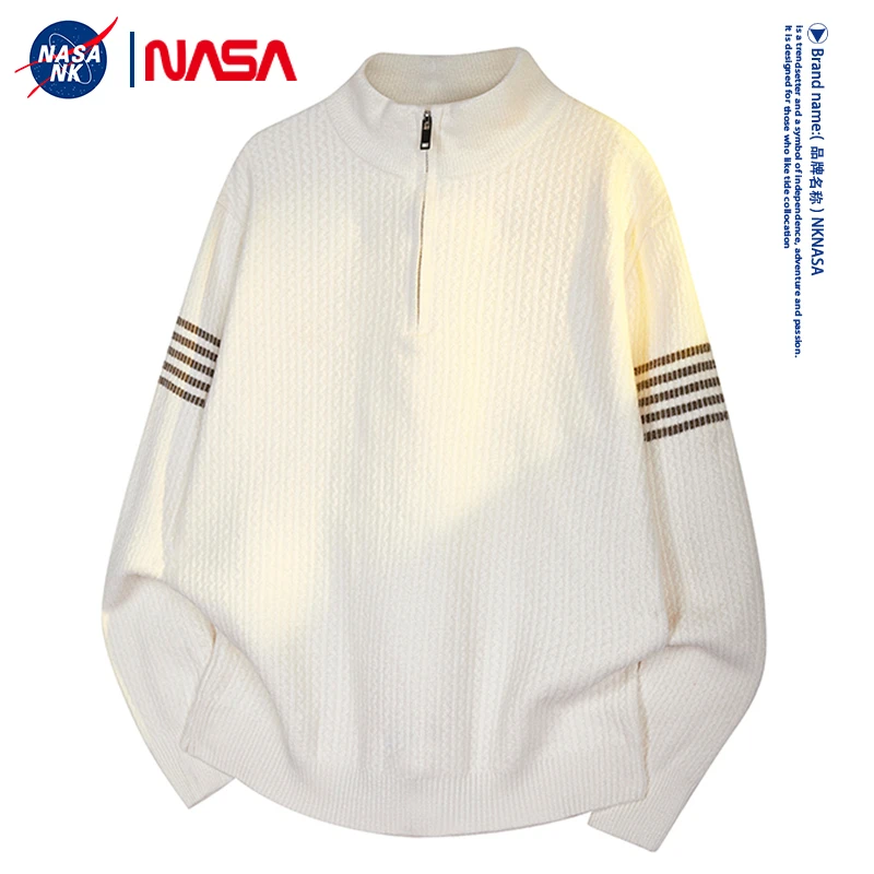 NASA联名秋冬季立领半拉链毛衣男士慵懒条纹学院风休闲保暖套头衫