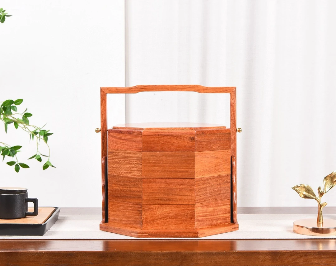 缅花手提果盘木质高档实木中式复古多层食盒客厅茶几点心收纳盒