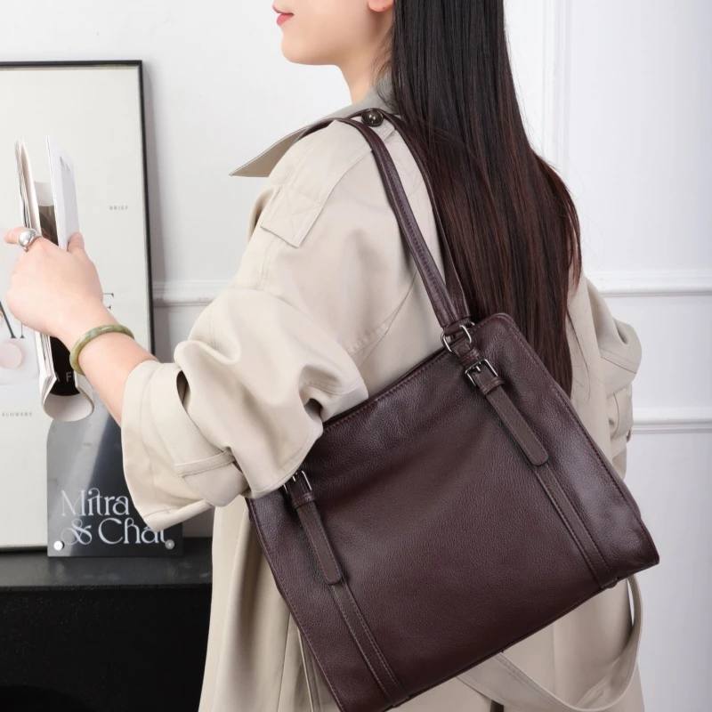 原创头层牛皮女单肩包新款大容量牛皮日常托特包时尚休闲百搭女包