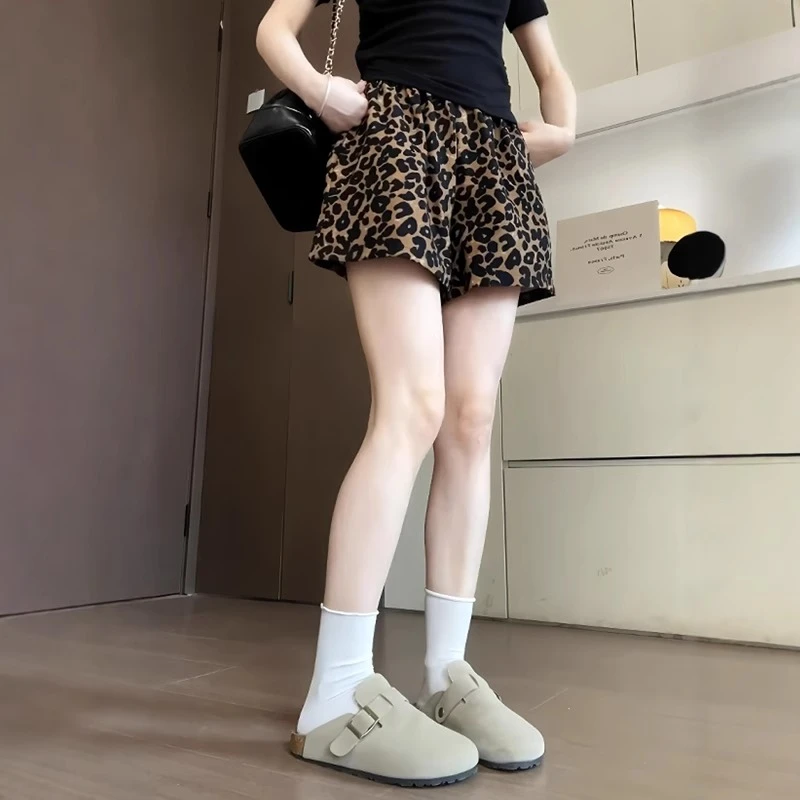 胖MM大码豹纹休闲短裤女夏季新款高腰宽松显瘦遮胯a字阔腿运动裤