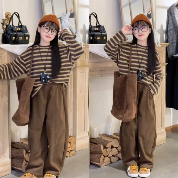 女童套装2025春秋季新款洋气韩版条纹卫衣休闲女孩弯刀阔腿裤爆款