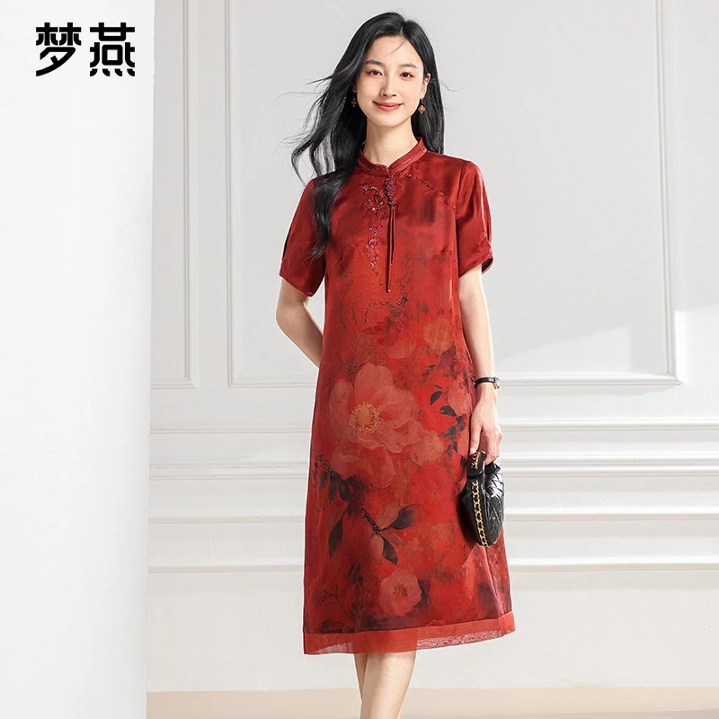 梦燕夏季女时尚百搭气质优雅宽松休闲舒适香云纱连衣裙BS13B5002