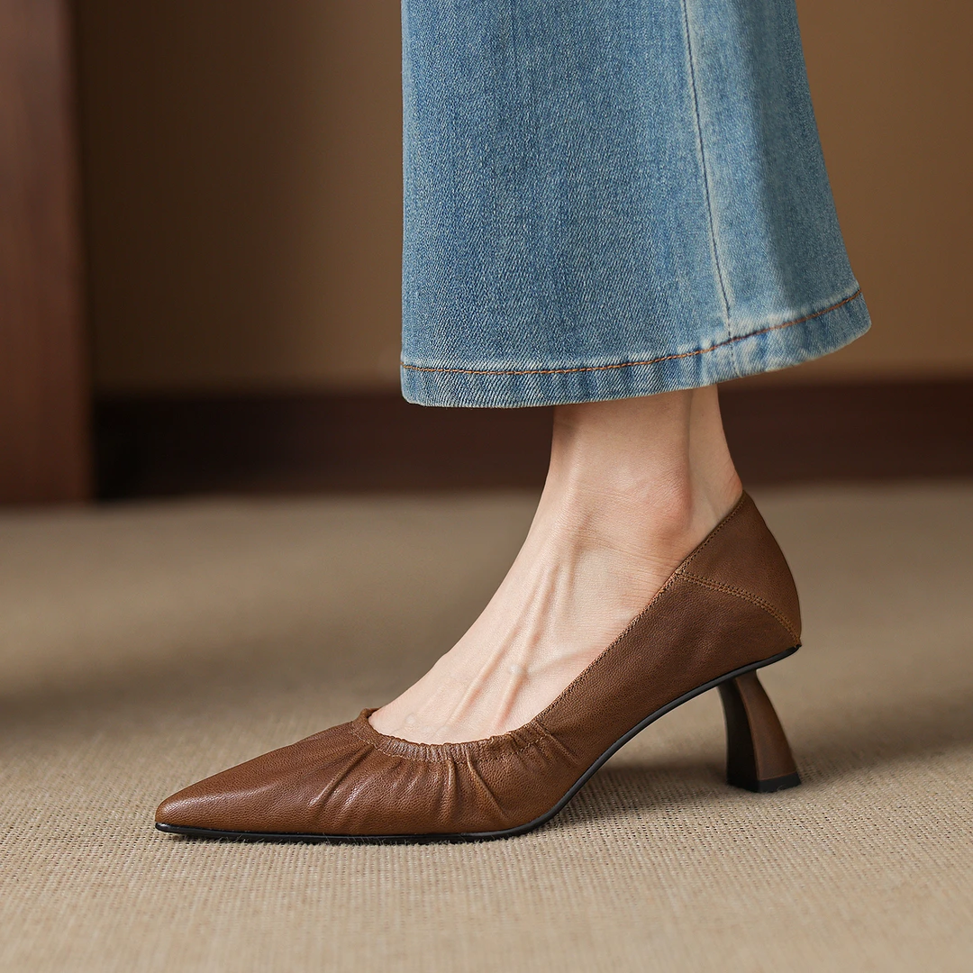 头层羊皮！柔软法式棕色高跟鞋女2025新款真皮尖头粗跟浅口单鞋女