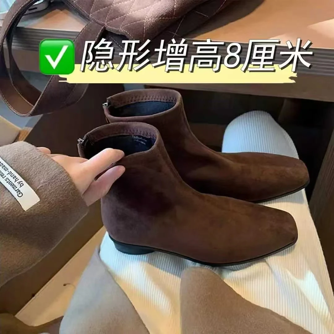 小个子内增高6CM百搭马丁靴女方头复古绒面瘦瘦靴子加绒法式短靴