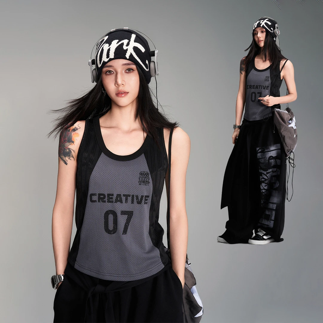 杨九七 夏季美式复古辣妹运动休闲拼接背心修身美背吊带女 7850