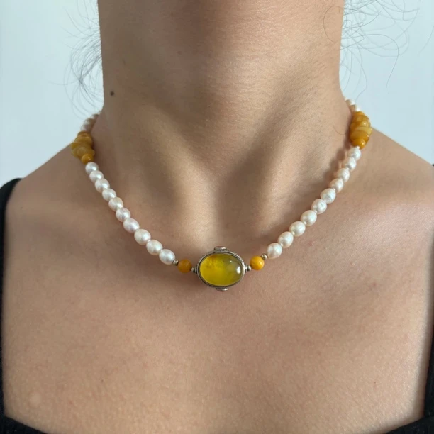 吊坠925银 【松秀饰品】原石蜜蜜 珍珍项链 时尚宫廷风手工气质百搭