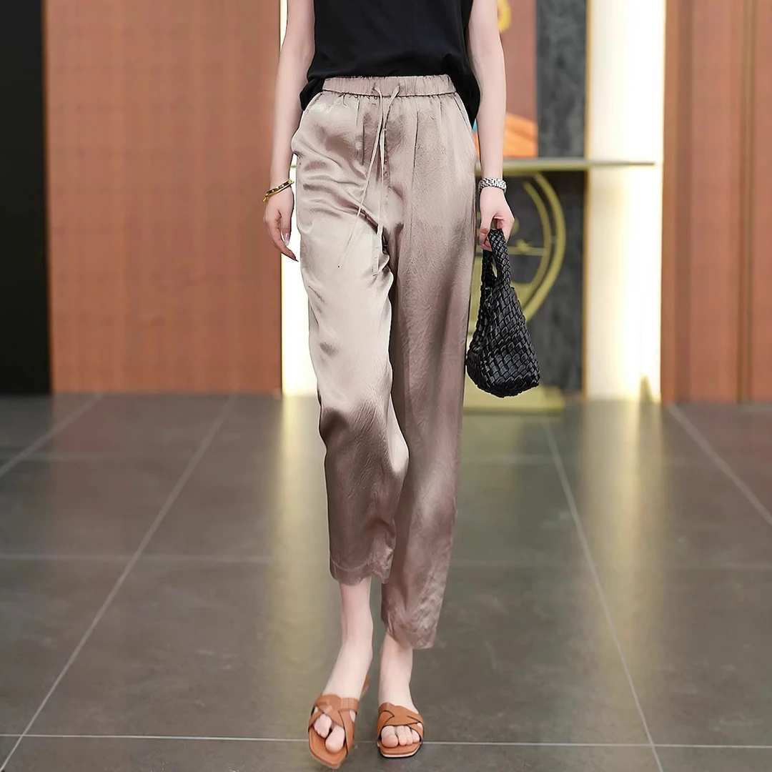 独特超好看裤子女2025夏季醋酸九分裤高腰显瘦高级缎面休闲烟管裤