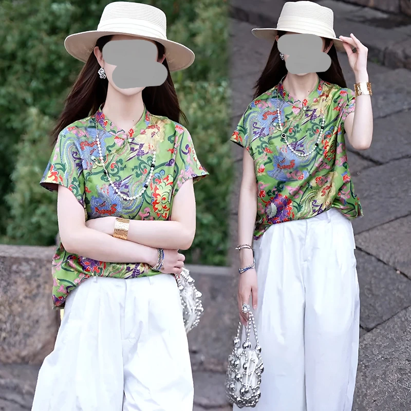 新中式国风印花上衣直筒裤两件套2025夏季新款高级感时尚百搭套装