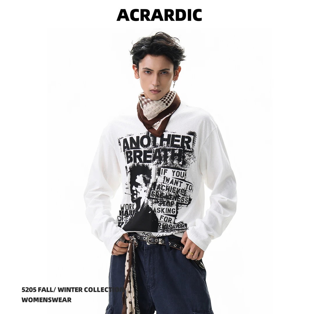 ACRARDIC高街人像字母印花长袖T恤男美式vibe痞帅休闲宽松打底衫