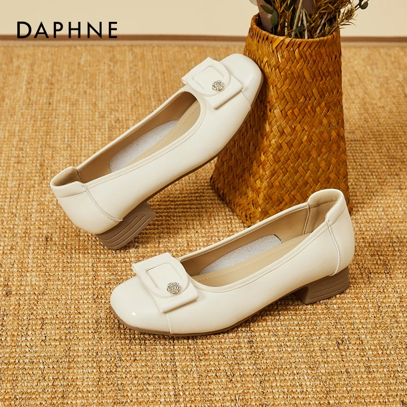 达芙妮粗跟船鞋女夏季新款配裙子纯色小皮鞋百搭通勤风工作鞋单鞋