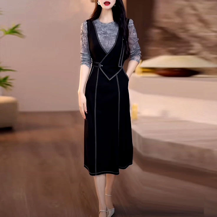 高级星空弹力精纺时尚拼接假两件裙子2025春季新款修身百搭连衣裙