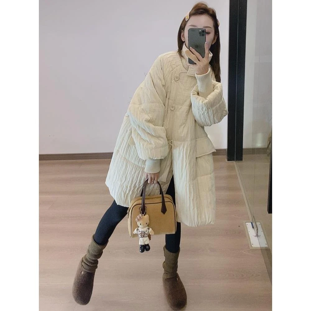 韩版气质宽松休闲菱格棉衣2025秋冬新款中长款加厚保暖棉服外套女