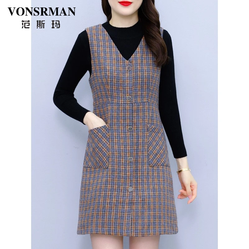 VONSRMAN小香风格子连衣裙套装2025新款秋季打底上衣中长裙背心裙