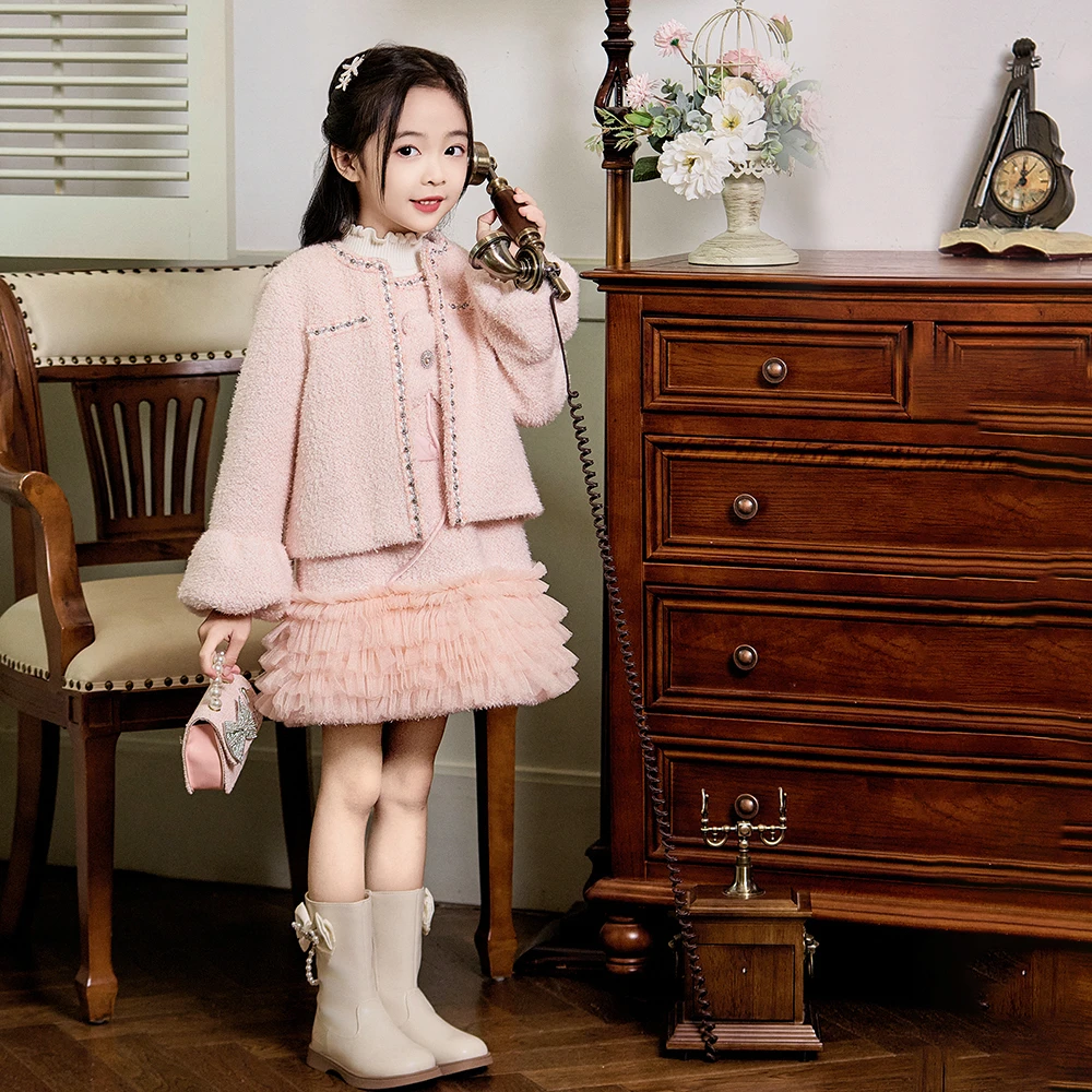 童一密度【粉翼香风】女童冬季加厚宝宝时髦连衣裙两件套装T224