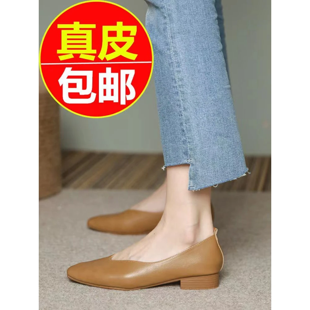 真皮V口新款小方头爆款低跟女鞋方网红春夏浅口网红真皮尖头单鞋