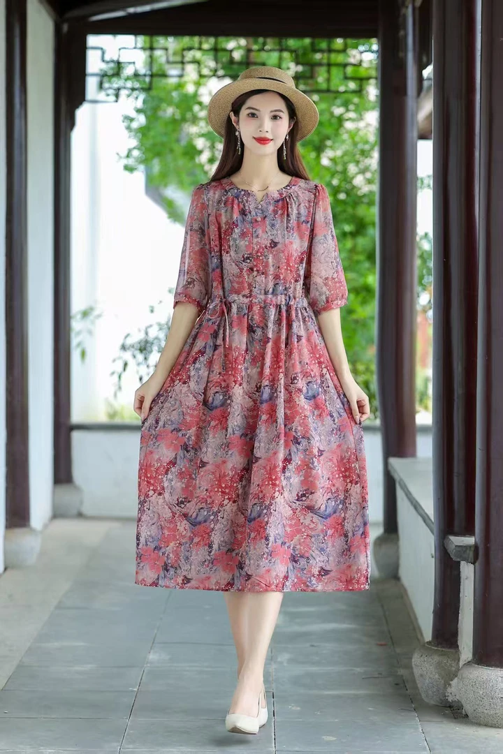 【南油老弟】夏季新款 胭脂粉海浪花高级黑色气质收腰真丝连衣裙