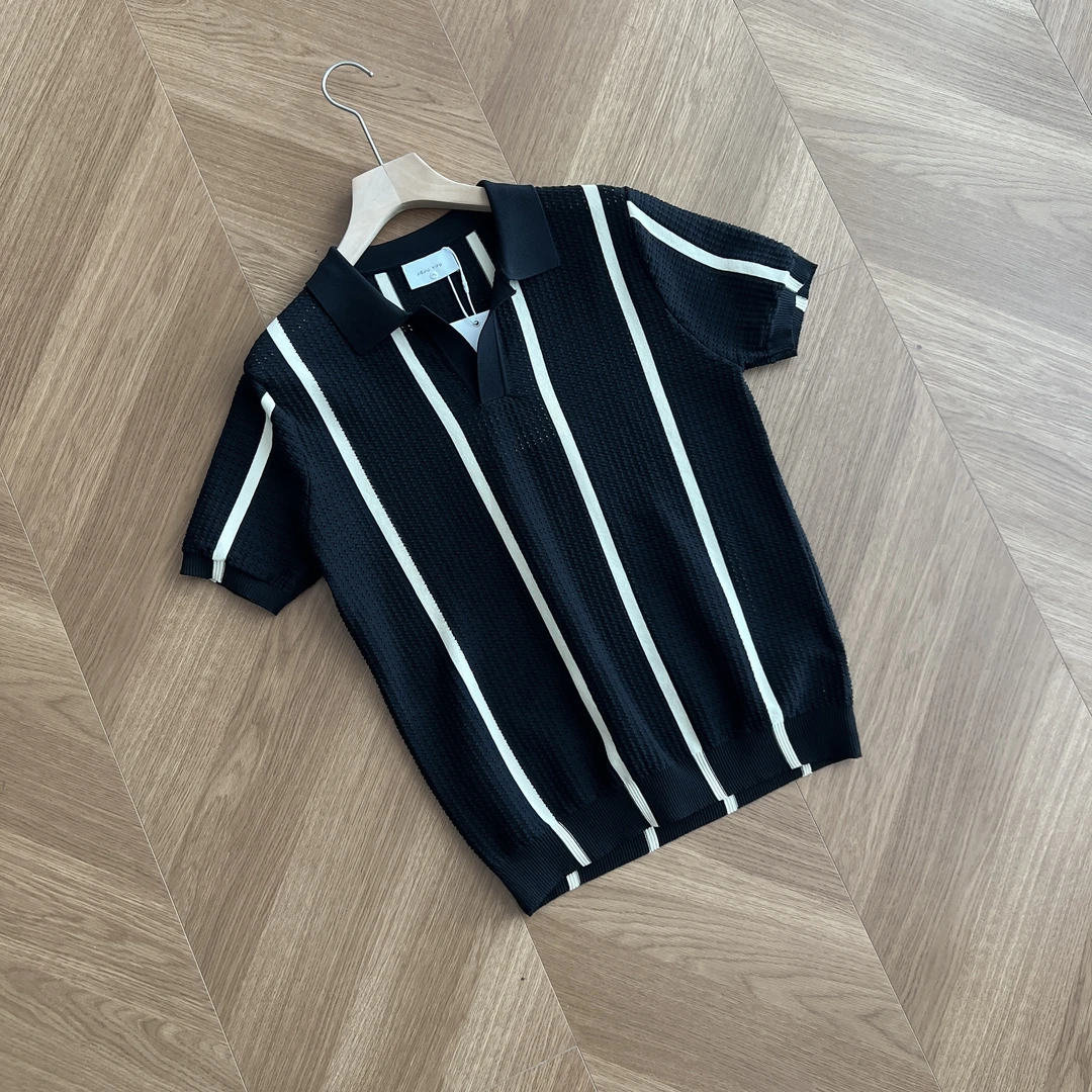 【英伦日常】冰爽镂空V领针织老钱短袖POLO衫条纹版型日常气质半袖