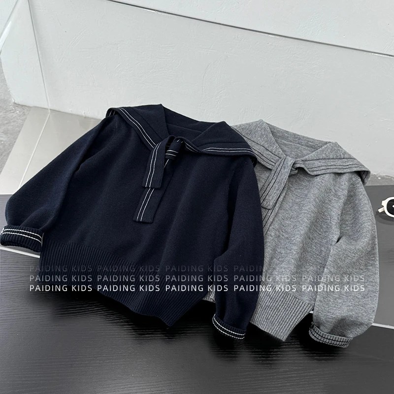 【海军学社】阿卷秋装儿童撞色休闲百搭款针织海军领套头毛衣SJ6105