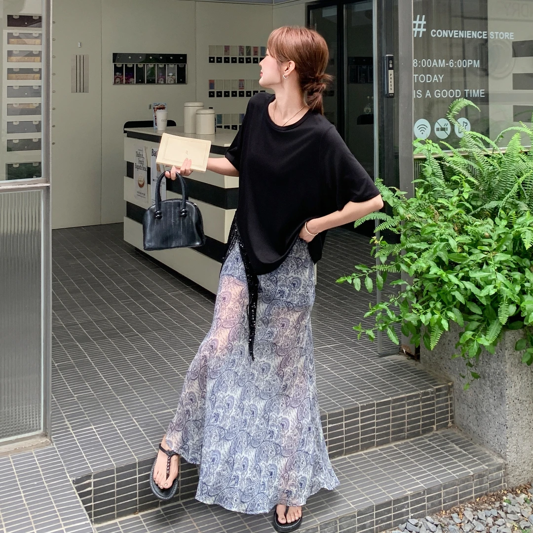 设计感黑色不对称流苏T恤套装裙女2025夏季浪漫印花半身裙两件套