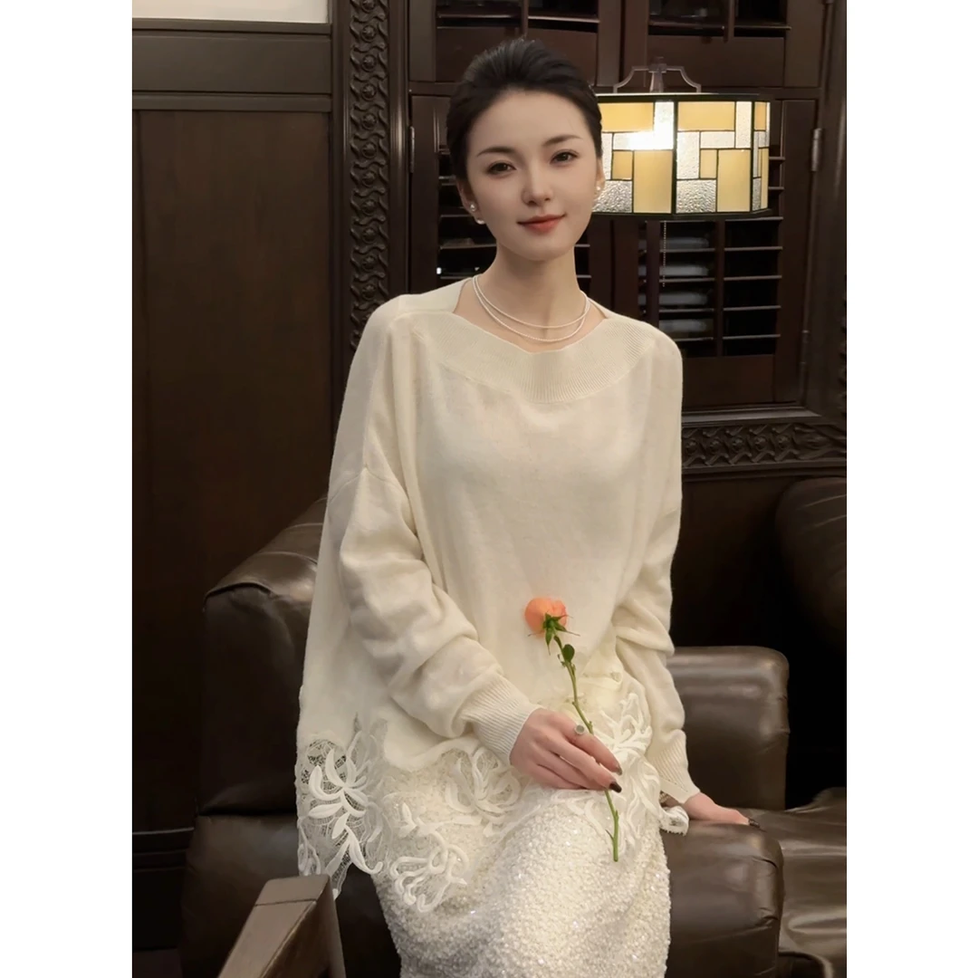 ShineNa/夏娜蕾丝刺绣上衣女2025春季新款设计感气质宽松针织衫