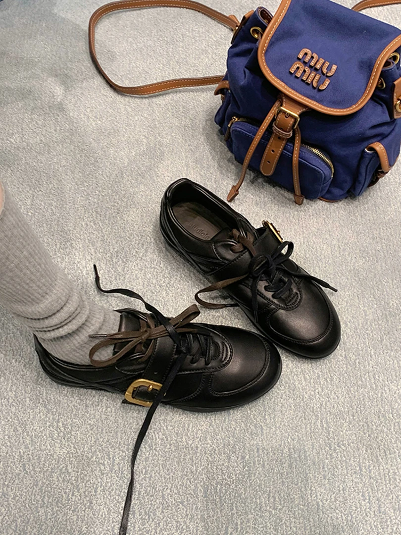 真皮~复古皮带扣德训鞋百搭小皮鞋2025秋冬新款小众系带休闲鞋女