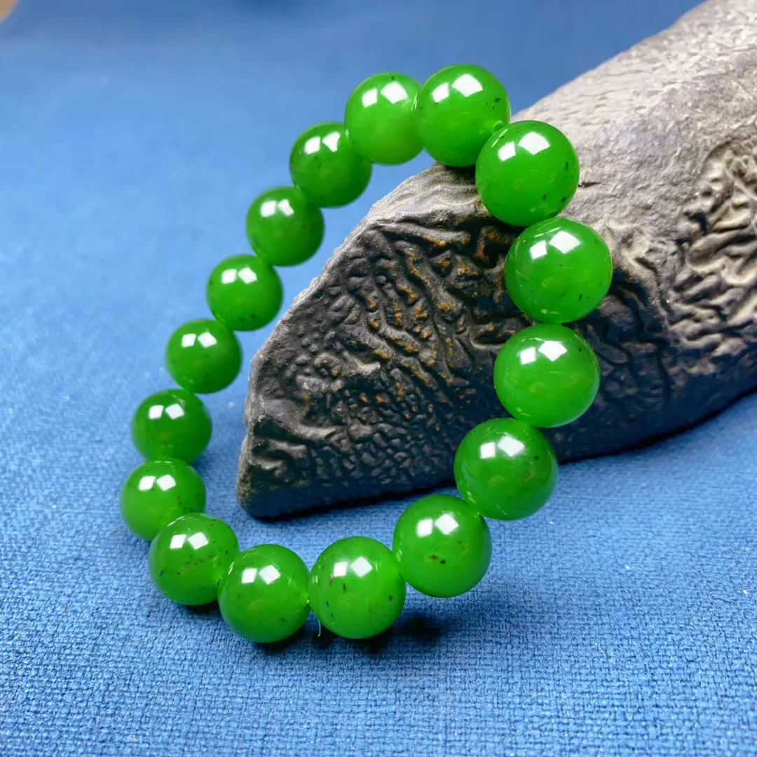 新疆直发和田玉手链子苏工精雕老坑碧玉圆珠单圈手串12mm