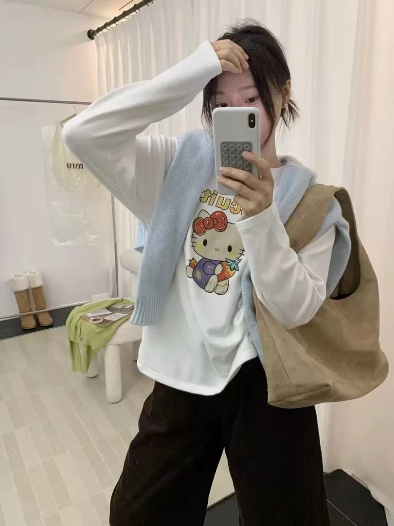 韩代hello kt猫咪卡通加绒拉绒磨毛长袖秋冬