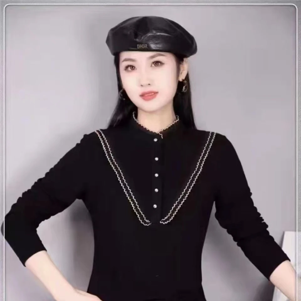 双面德绒小众设计花边领洋气上衣内搭长袖体恤  003